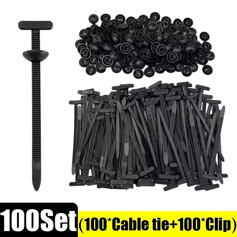 A set of 100 self-locking nylon cable tie buckles and clips for various repairs