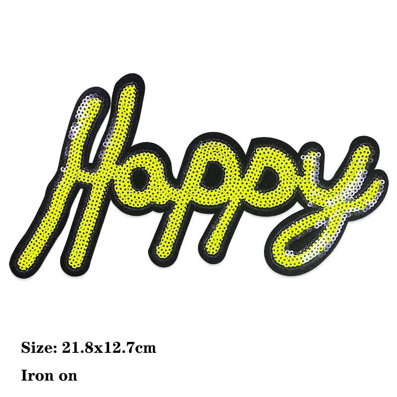 Yellow and black sequin letter patch spelling happy embroidered iron-on patch