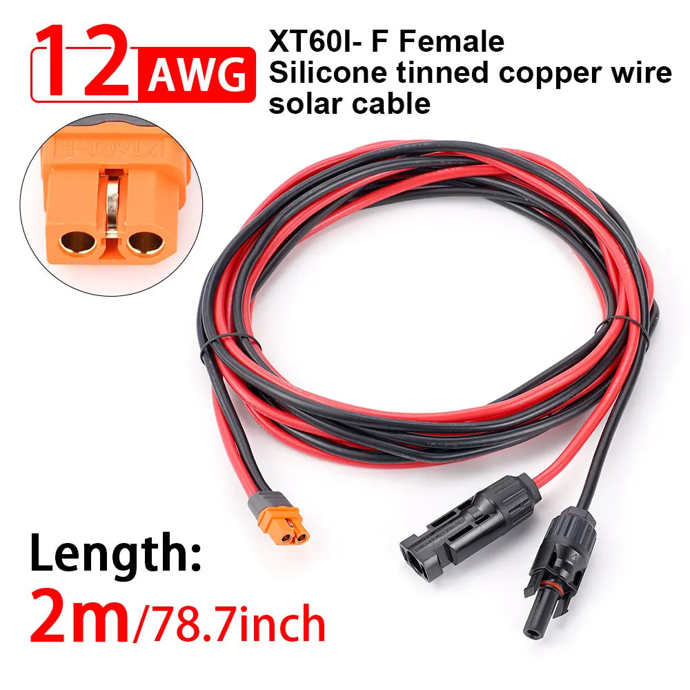 A black and red silicone tinned copper wire solar cable with an XT60I-F female connector shown coiled and with attached plugs