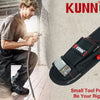 A black tool pouch with a belt clip and tape measure holder is shown next to a man working in a workshop.