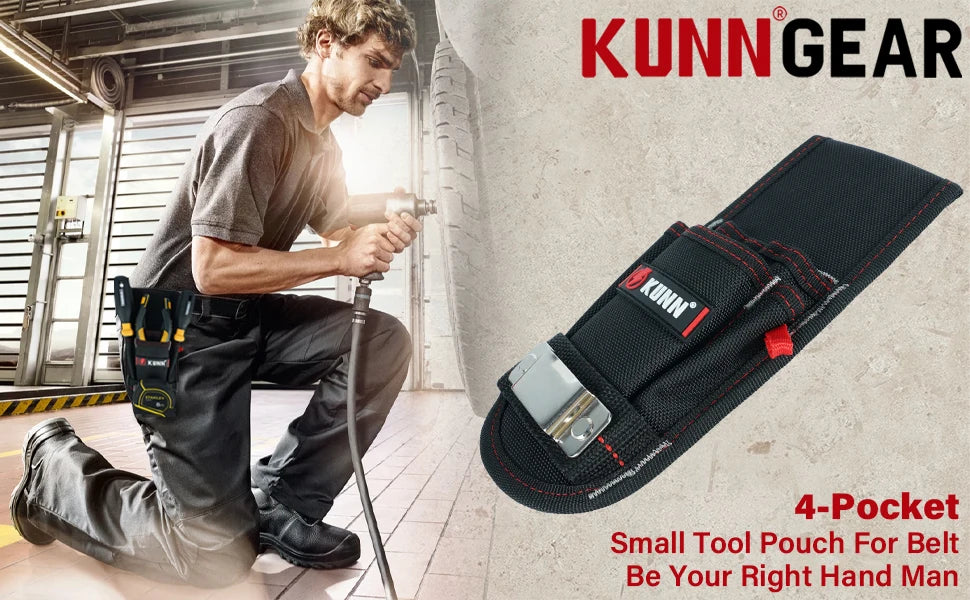A black tool pouch with a belt clip and tape measure holder is shown next to a man working in a workshop.