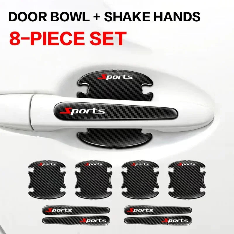 An 8-piece set of black carbon fiber door bowl and shake hands protectors for a white car door.