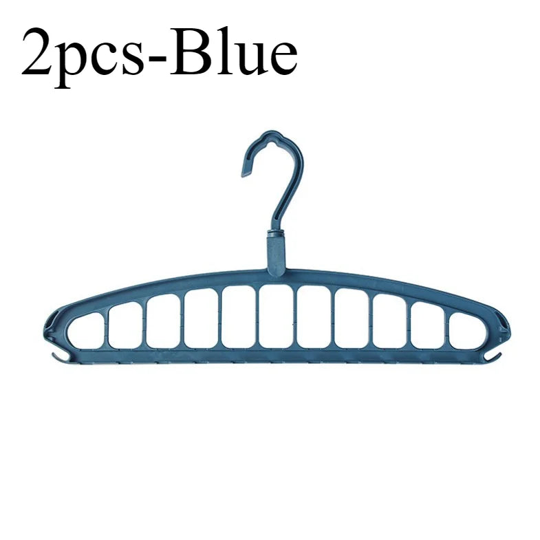 A pair of blue foldable multi-hole space-saving clothes hangers.