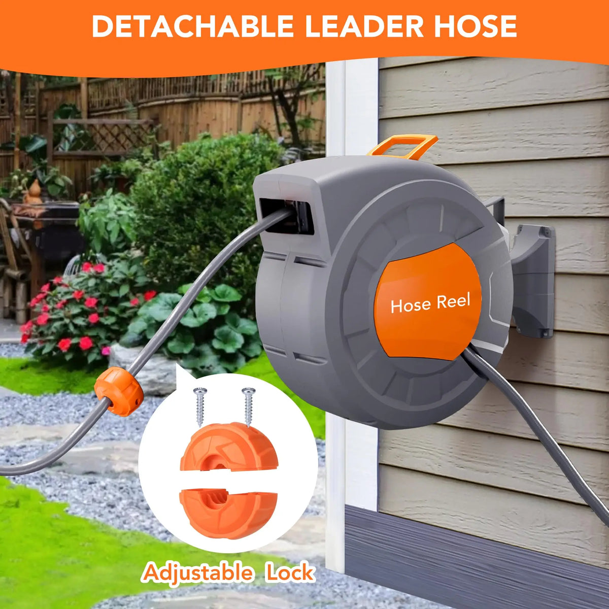 A gray detachable leader hose and hose reel are shown mounted on a wooden fence, with an orange nozzle visible.