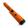 Orange handheld metal detector with a black button and a silver-tipped probe.