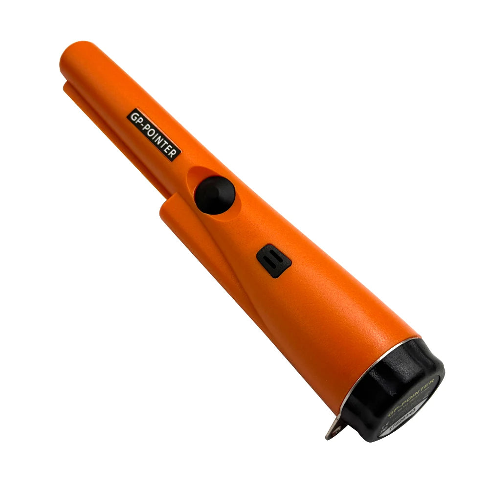 Orange handheld metal detector with a black button and a silver-tipped probe.