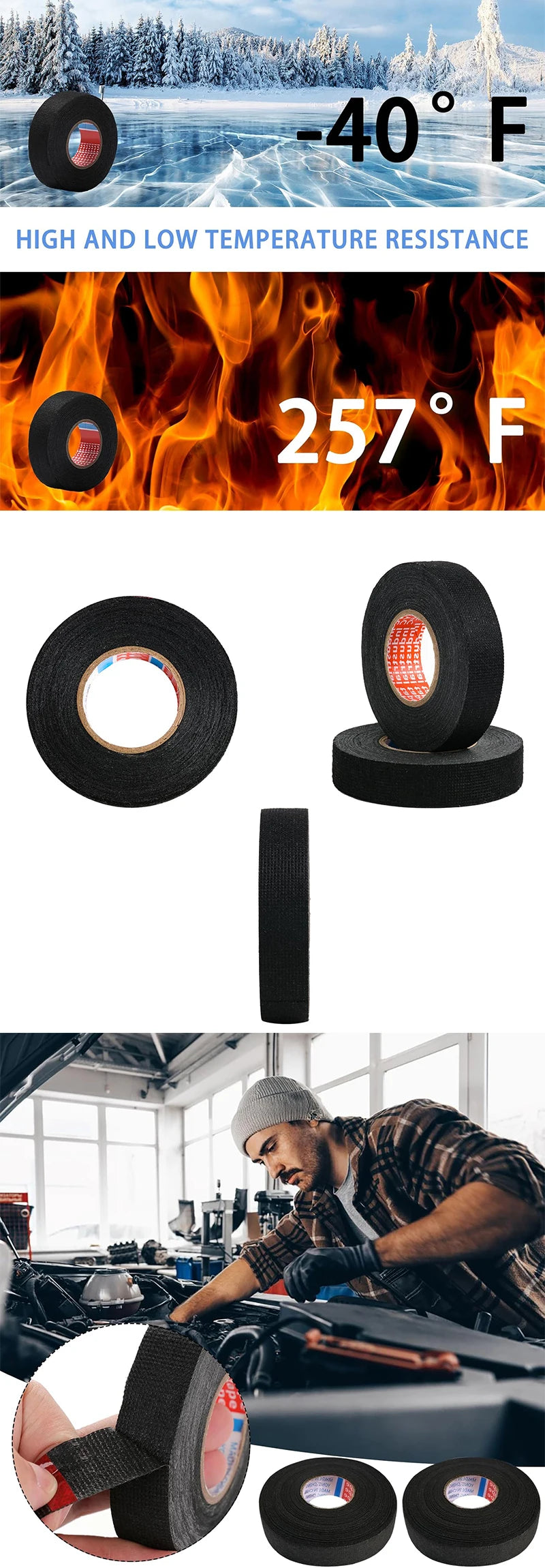 Rouleaux de gaine électrique noire démontrant la résistance aux hautes et basses températures.