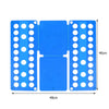 A blue portable clothes folding board with multiple circular holes for laundry organization.
