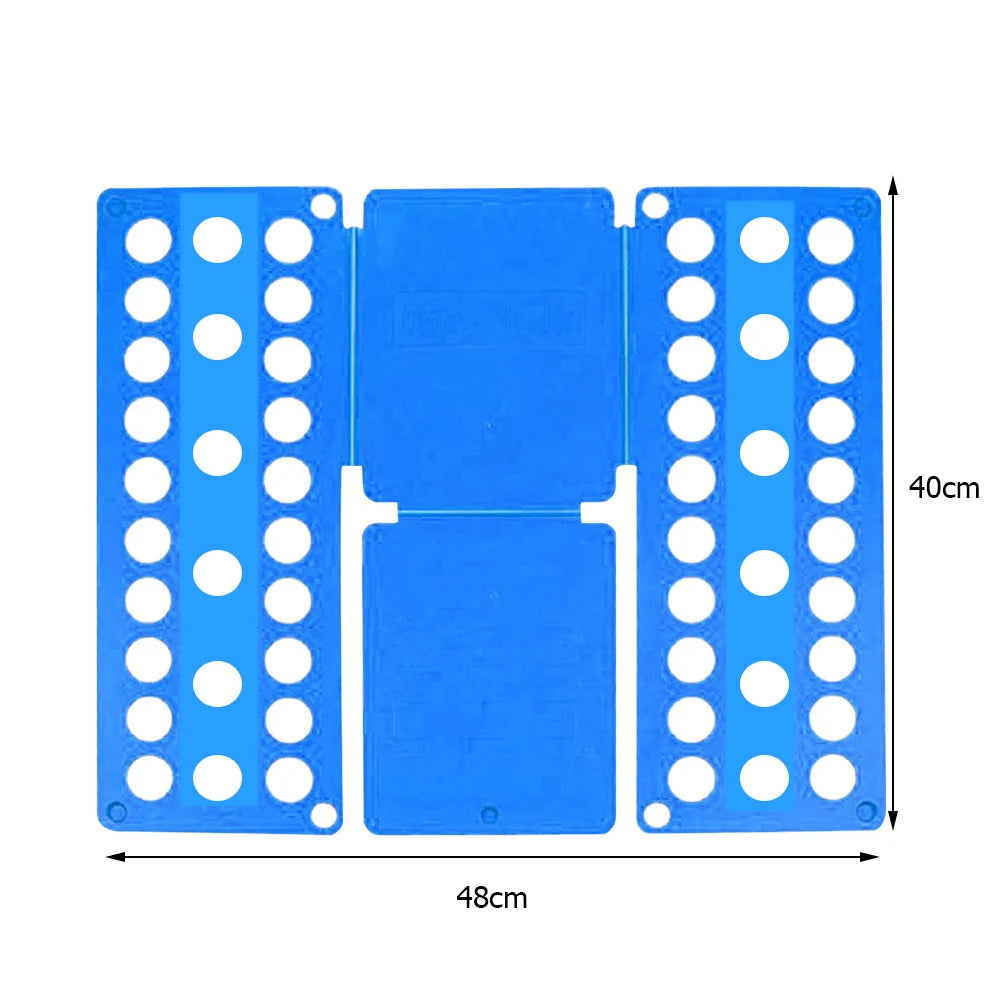 A blue portable clothes folding board with multiple circular holes for laundry organization.