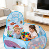 A blue and green foldable ball pit with a basketball hoop for children's indoor or outdoor play.
