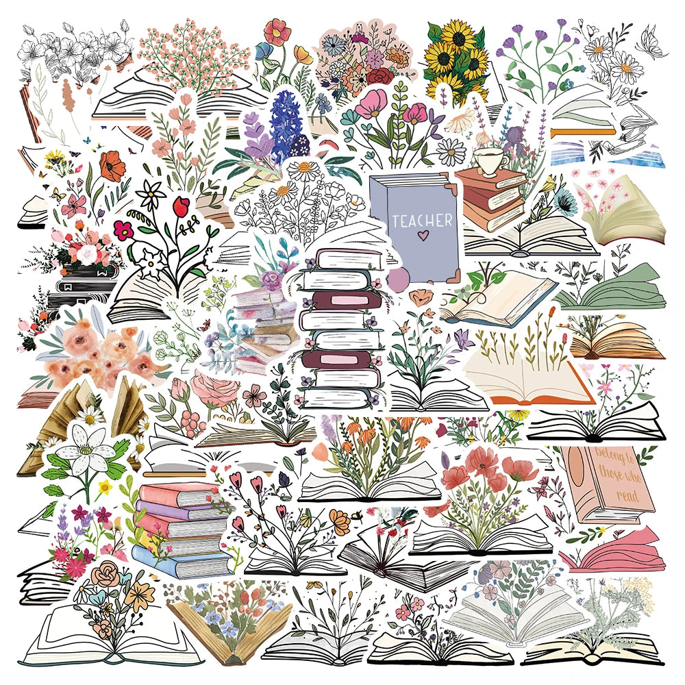 A collection of various book-themed stickers, including open books, flowers, and literary elements.