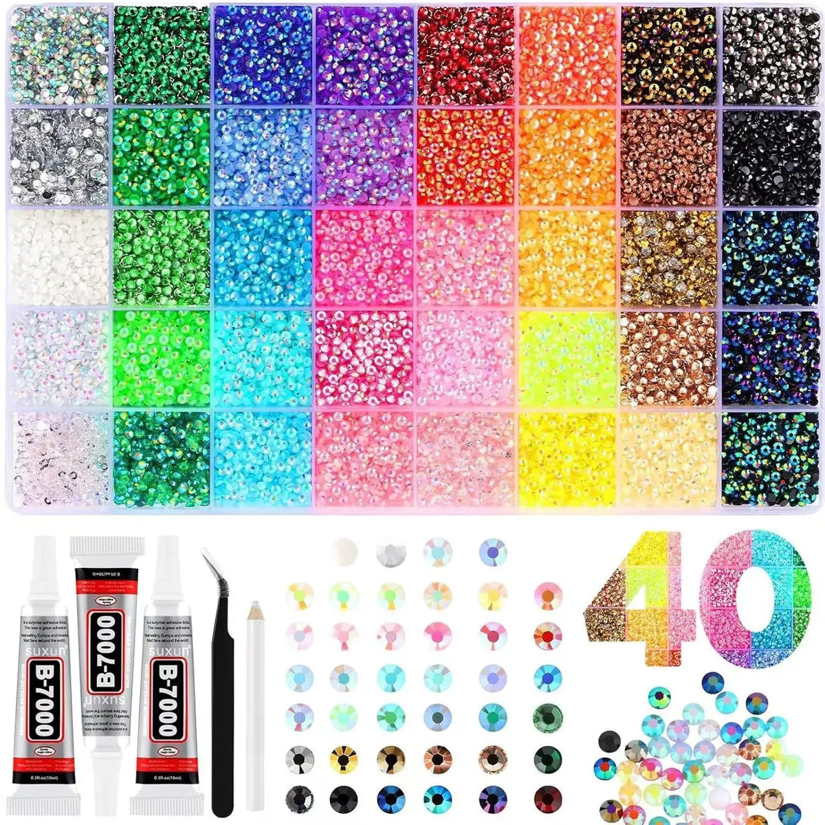 40-Color Flatback Resin Rhinestone Kit for Crafts