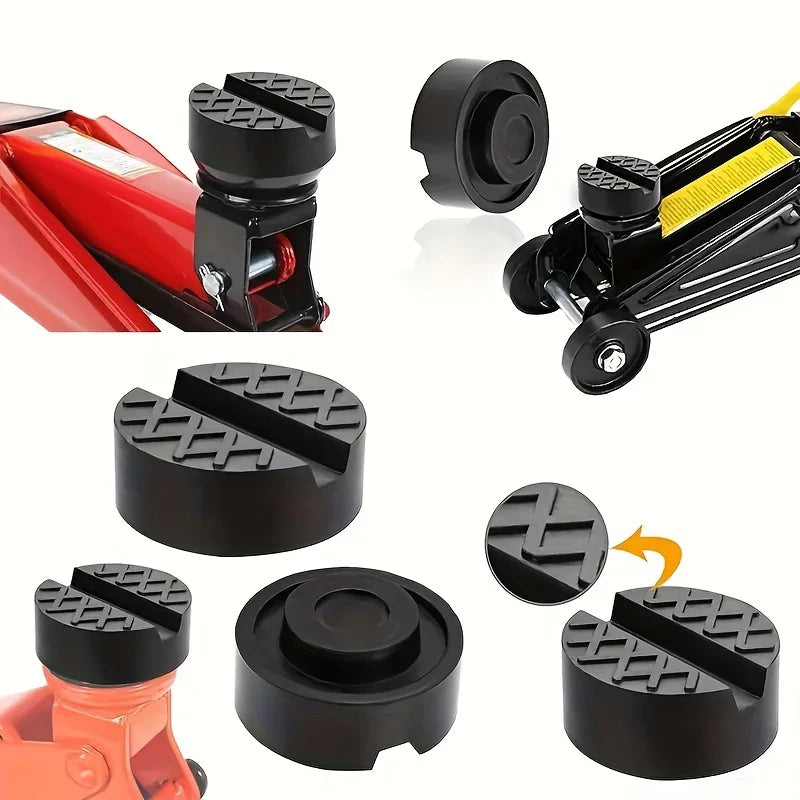 Various rubber jack pads and components for protecting pinch welds and frame rails on floor jacks.