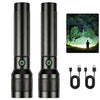 Black high-lumen rechargeable LED flashlight with zoomable modes and accessories