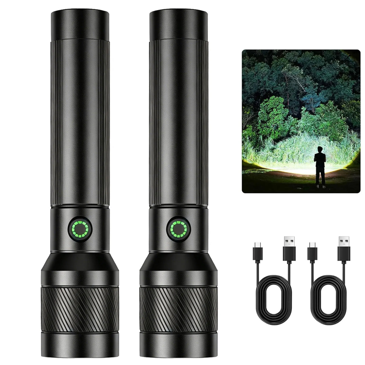 Black high-lumen rechargeable LED flashlight with zoomable modes and accessories
