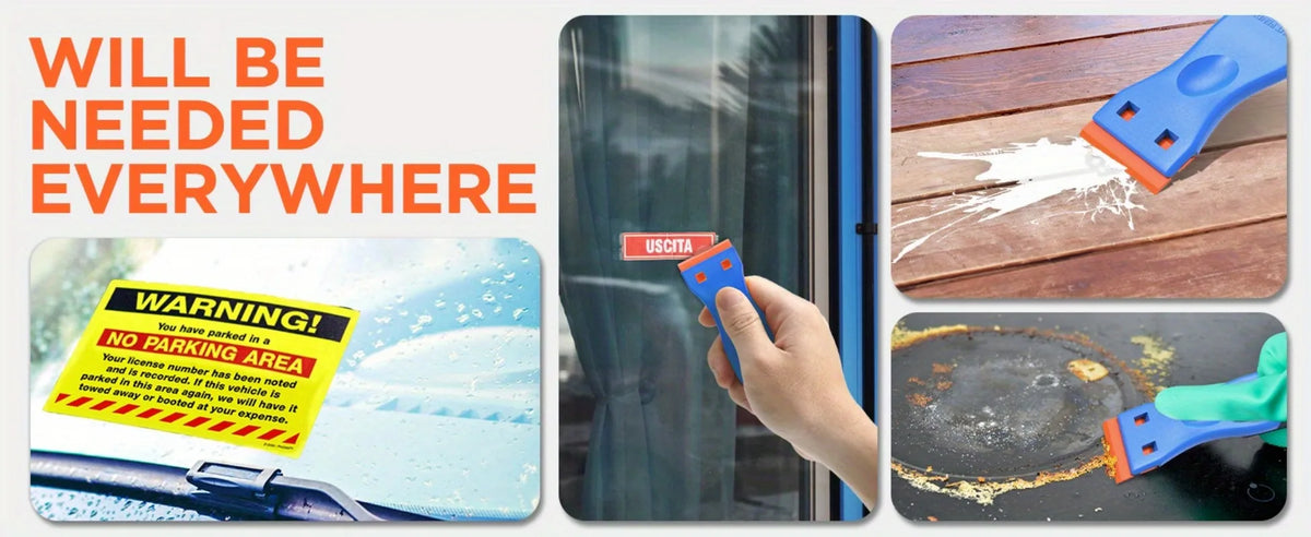 A hand uses a blue plastic scraper to clean a window, next to a wooden scraper and a green scraper.