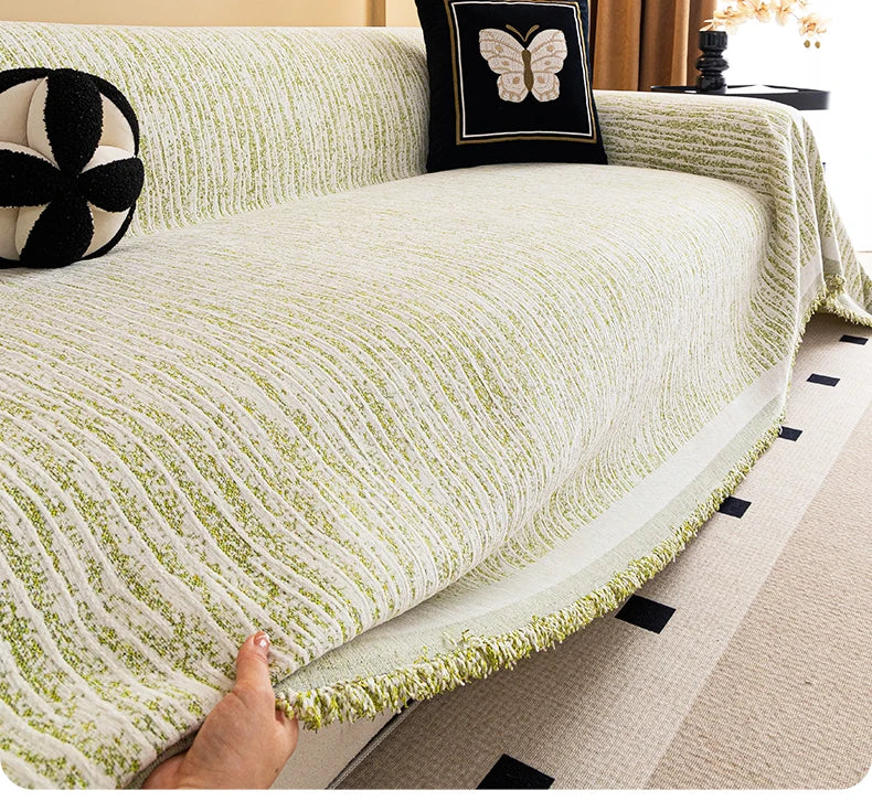 Thick Chenille Sofa Cover with Tassel Fringe — Scratch Resistant & Reversible