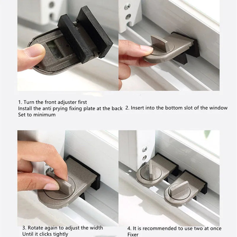 Instructions show how to install and adjust the anti-prying fixing plate for a universal safety window lock.