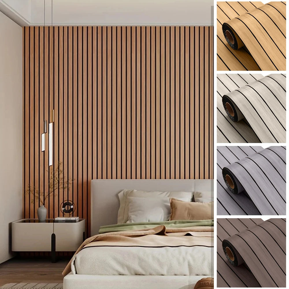 Close-up view of wood slat peel-and-stick wall panels installed on a bedroom wall and rolled up examples.