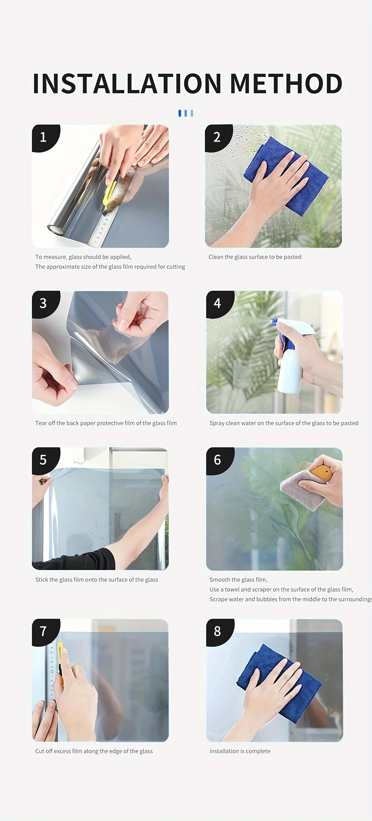 Instructions showing the step-by-step method for installing frosted privacy window film on glass.
