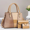 Beige krokodenschuppiges Patentlederhandtaschenset mit großer Schultertasche und Clutch
