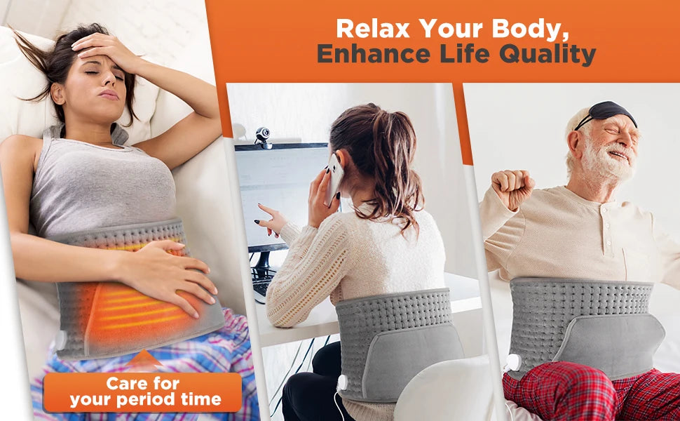 A woman uses a multi-heat electric heating pad for pain relief while sitting in a chair.