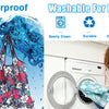 A waterproof reusable shopping tote bag is shown against a background of splashing blue water, next to a washing machine.