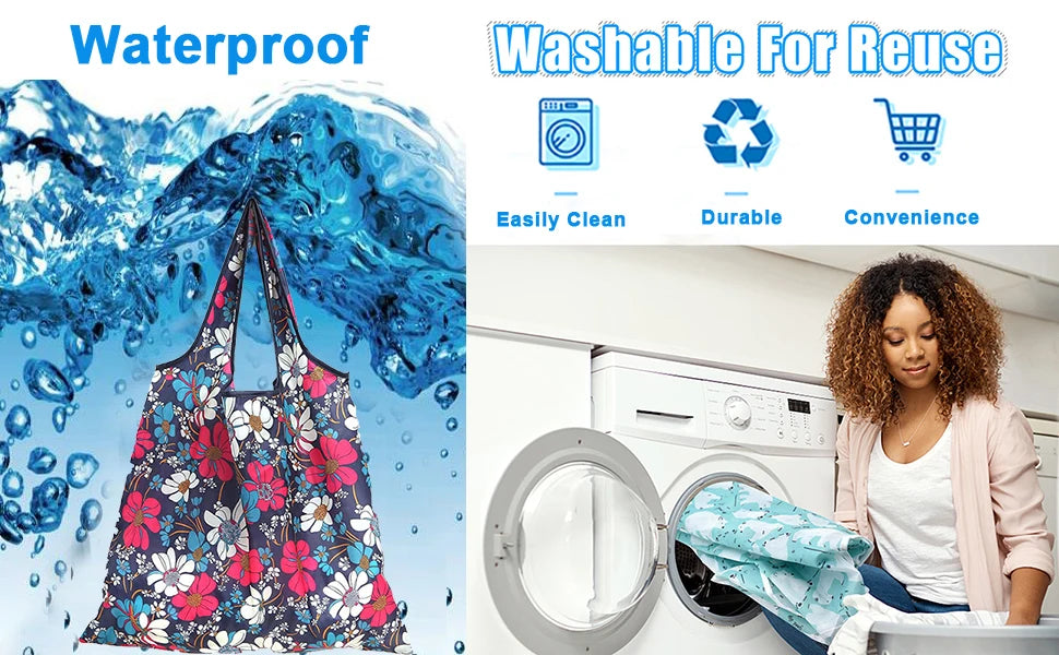 A waterproof reusable shopping tote bag is shown against a background of splashing blue water, next to a washing machine.