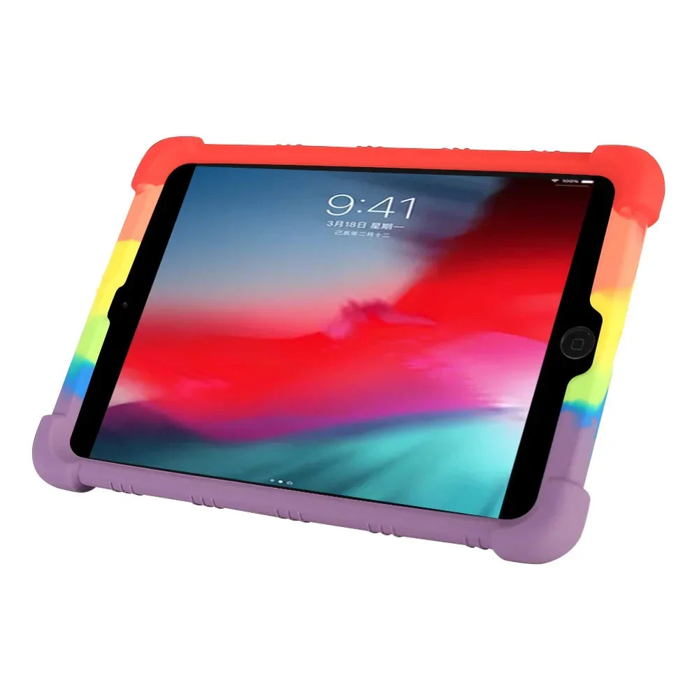 A silicone protective case with a kickstand for an iPad Mini displaying the time 9:41 on its screen.