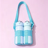 A light blue breathable mesh crossbody water bottle carrier with a teal strap and two bottles.