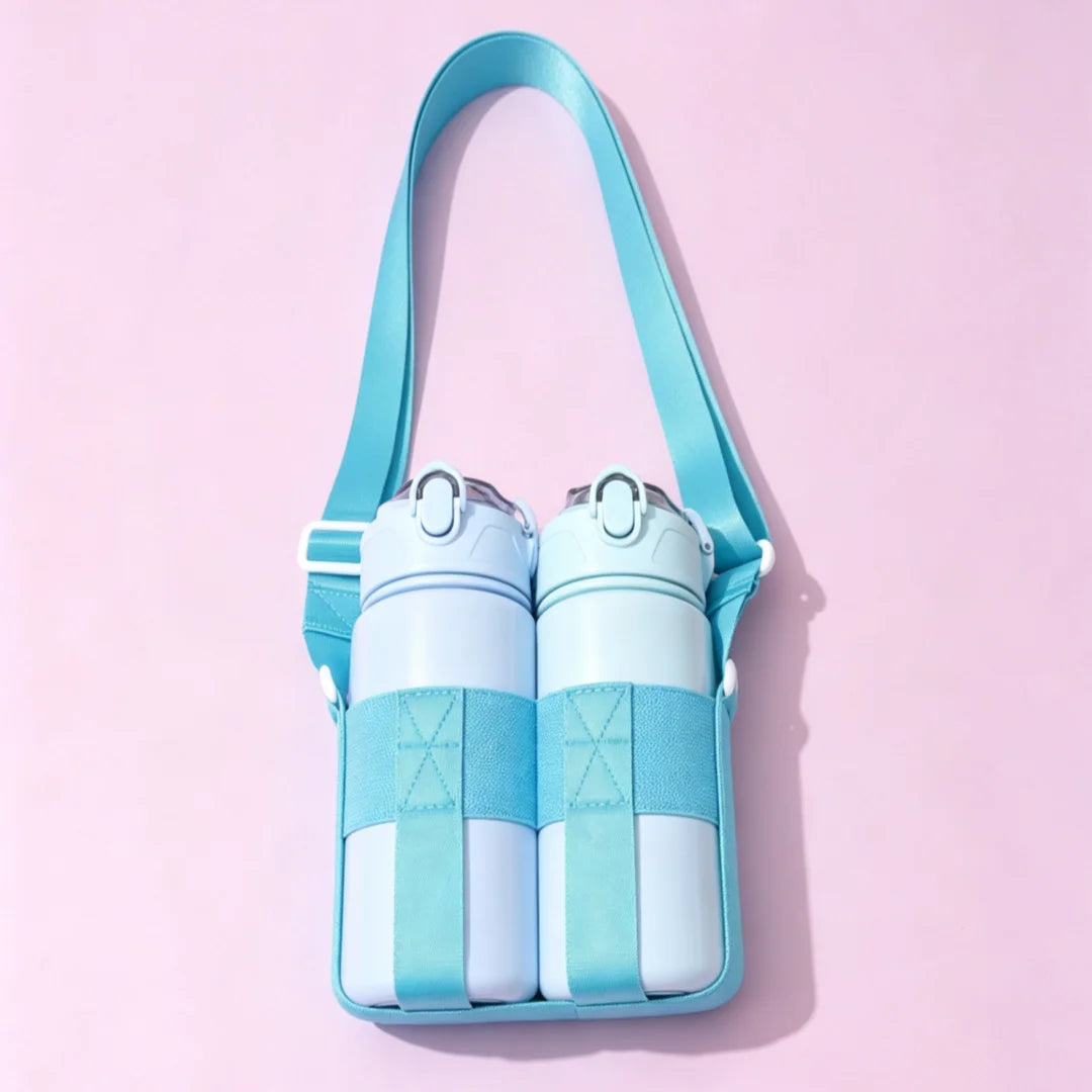A light blue breathable mesh crossbody water bottle carrier with a teal strap and two bottles.
