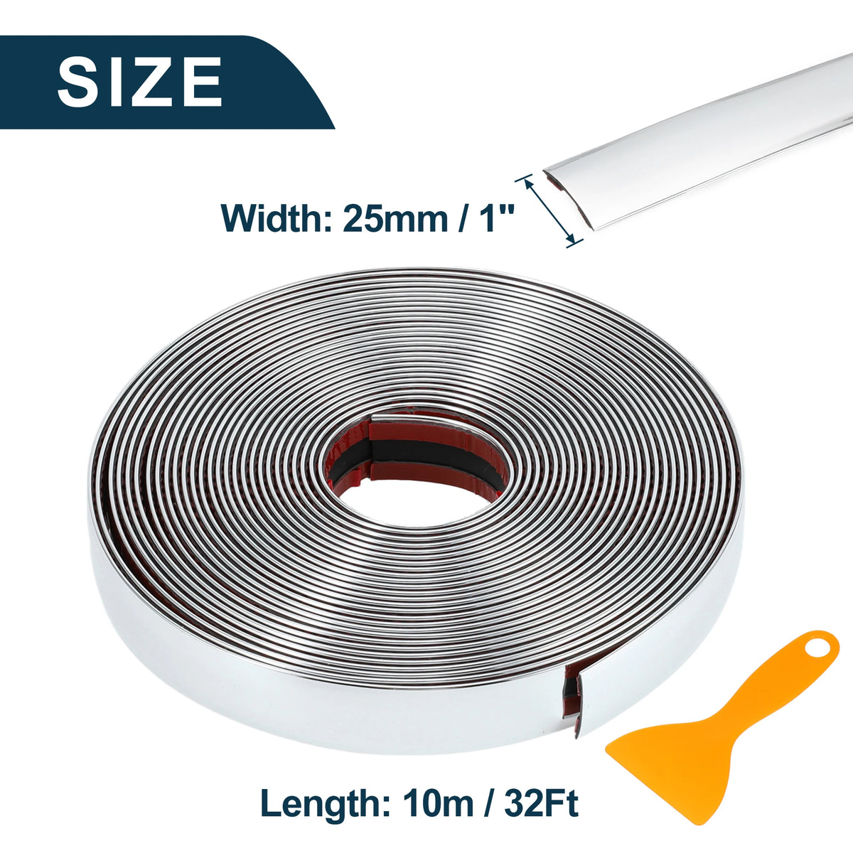 Roll of chrome car door edge guard trim strip with a 25mm width and 10 meter length