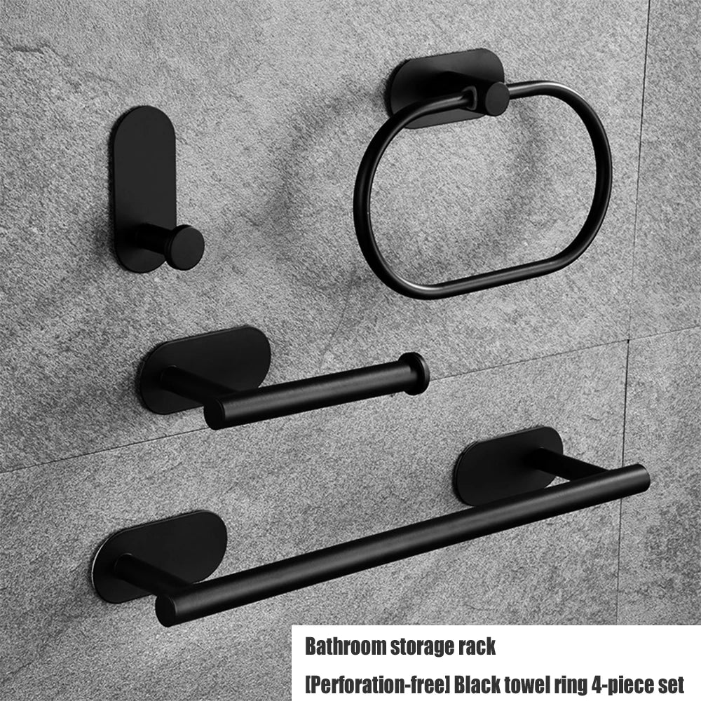 Black bathroom storage rack featuring a 4-piece set with perforation-free design
