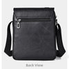 Back view of a black vintage PU leather messenger bag with a zippered compartment and adjustable strap.