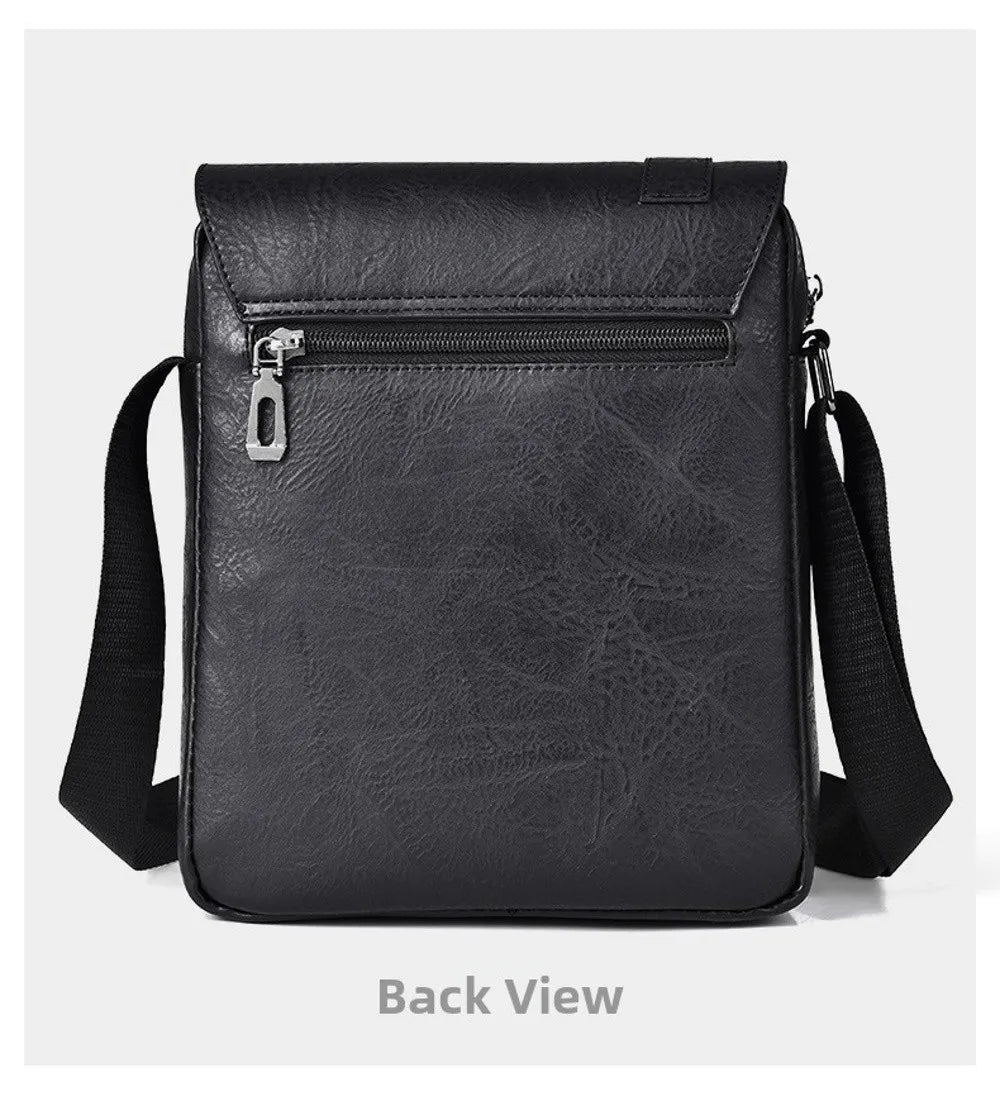 Back view of a black vintage PU leather messenger bag with a zippered compartment and adjustable strap.