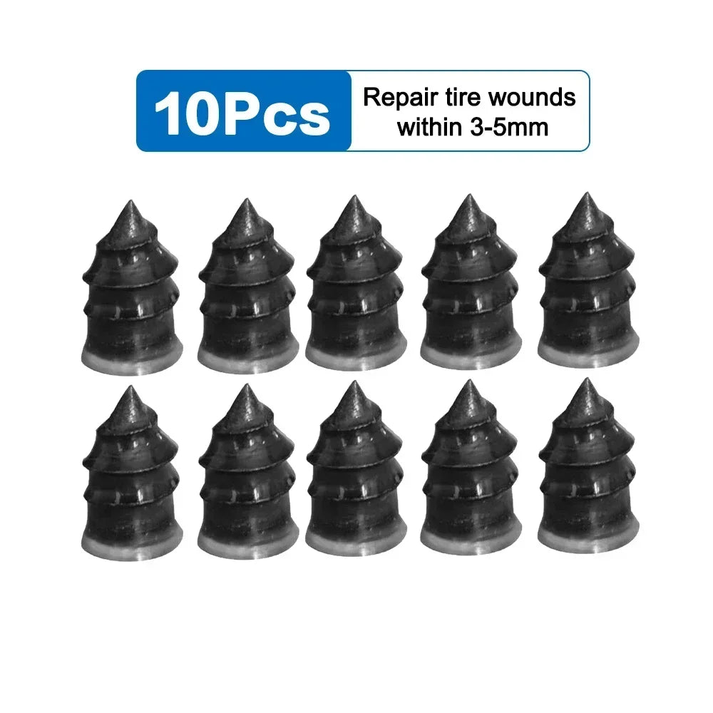 Ten black tire repair nails for wounds between 3-5mm