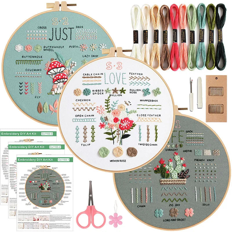 Beginner Embroidery Kit with Stamped Patterns and Tools
