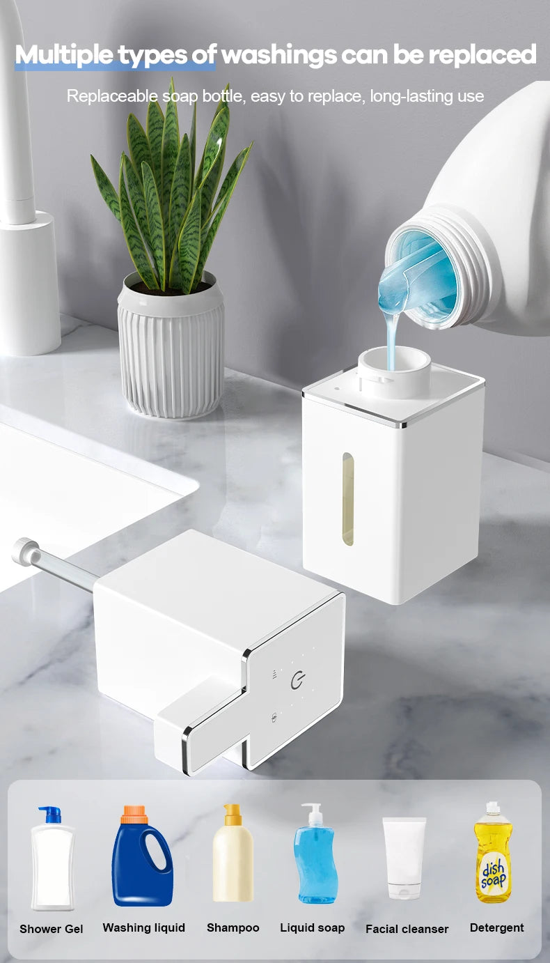 A white touchless soap dispenser is shown next to various liquid soaps and detergents on a marble surface.
