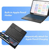 A laptop is shown with a built-in Apple Pencil holder and a magnetic attachment for charging an Apple Pencil.