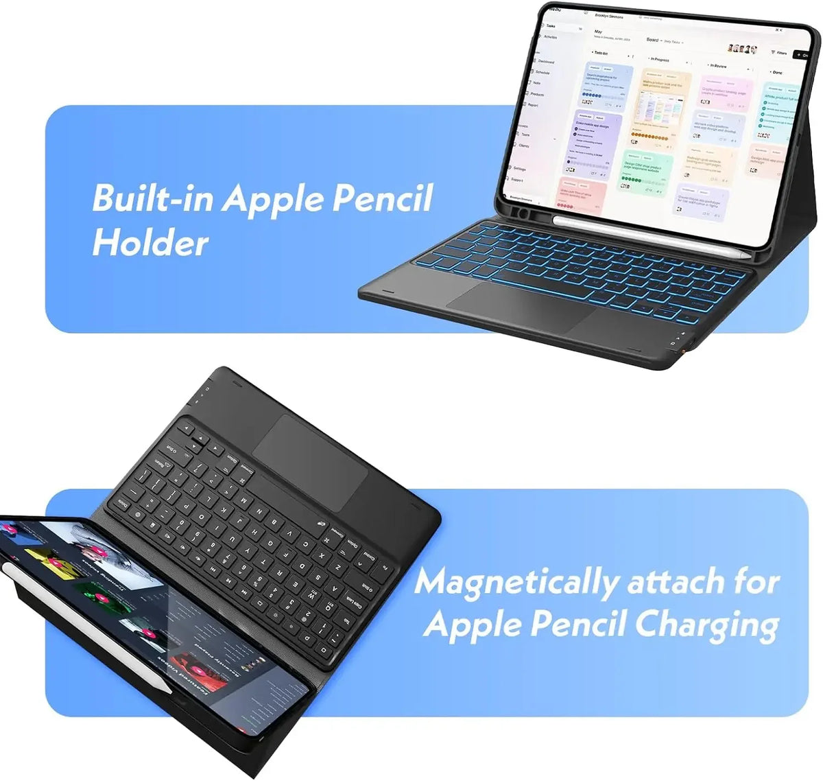 A laptop is shown with a built-in Apple Pencil holder and a magnetic attachment for charging an Apple Pencil.