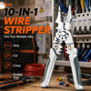 A silver wire stripper tool is shown next to various electrical wires and tools on a wooden surface.