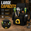 A black tool pouch filled with various tools and accessories, highlighting large capacity, multiple pockets, organized storag