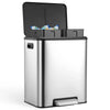 A stainless steel dual compartment step trash can with a soft-close lid and visible trash inside.