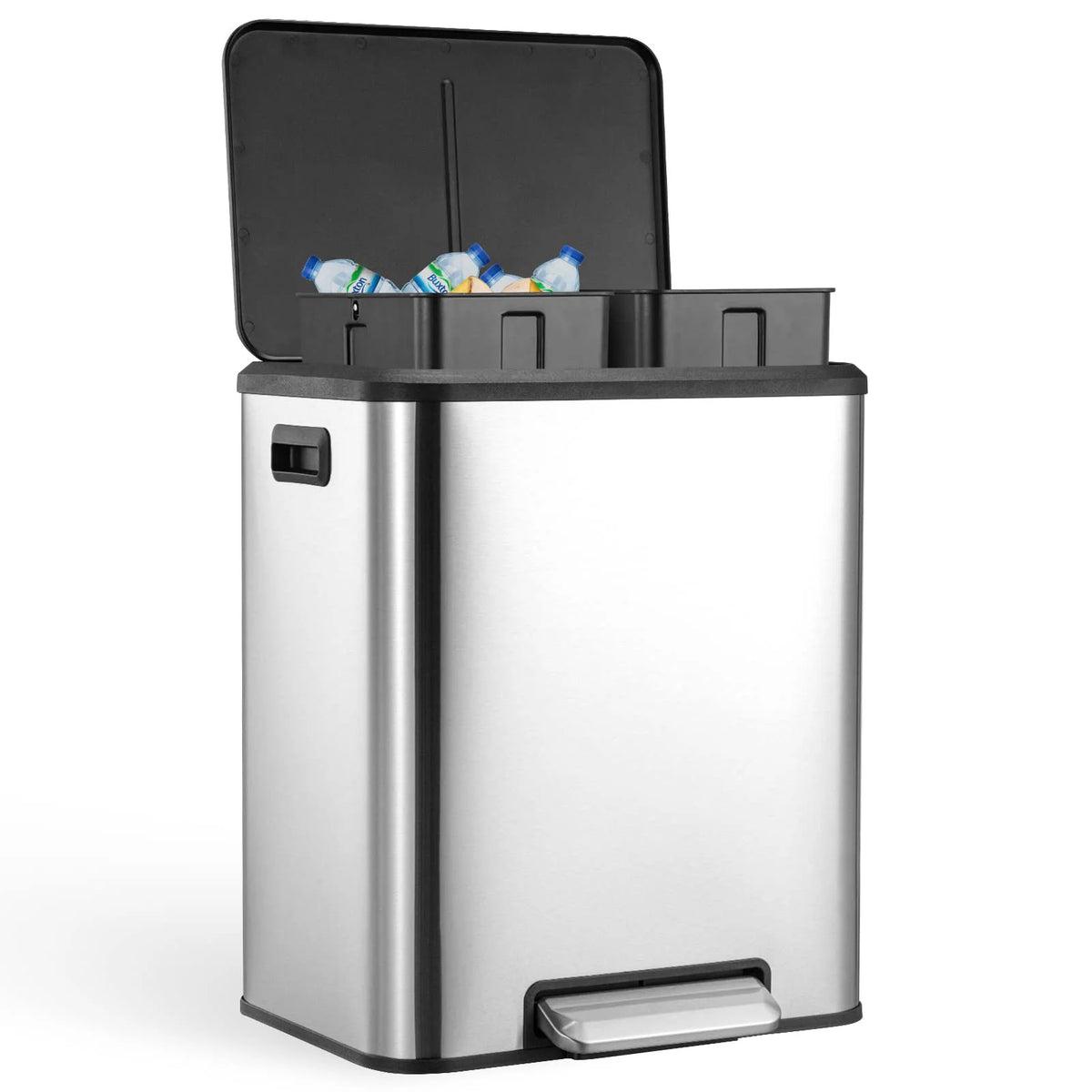 A stainless steel dual compartment step trash can with a soft-close lid and visible trash inside.