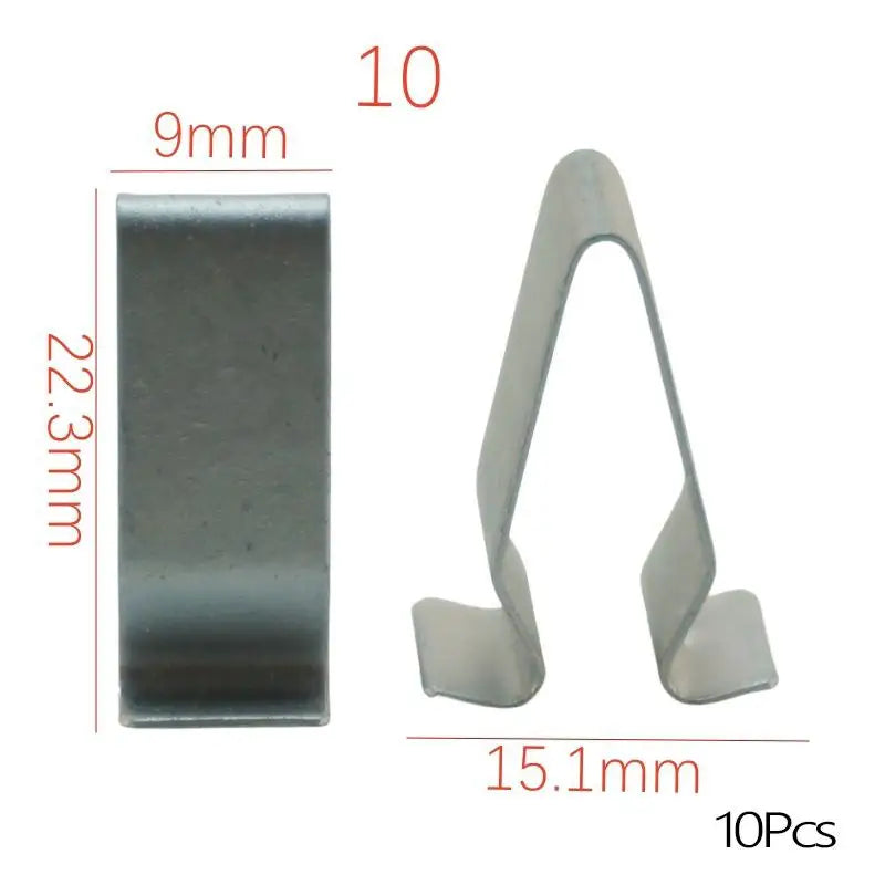 A set of 10 universal metal trim panel fastener clips, showing a rectangular piece and an L-shaped clip.
