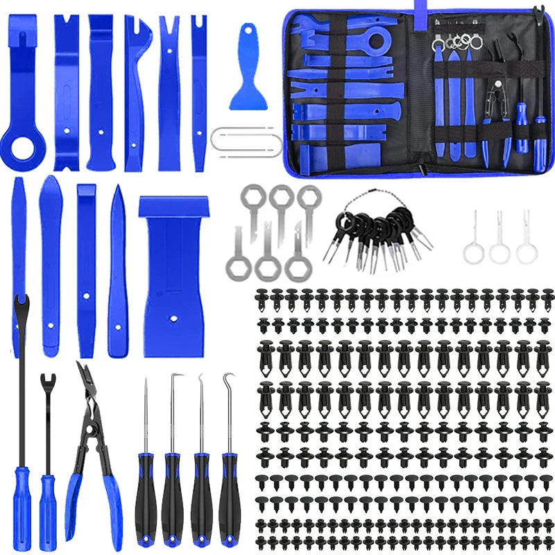 A blue car trim removal tool kit with various tools and a storage pouch for automotive work.