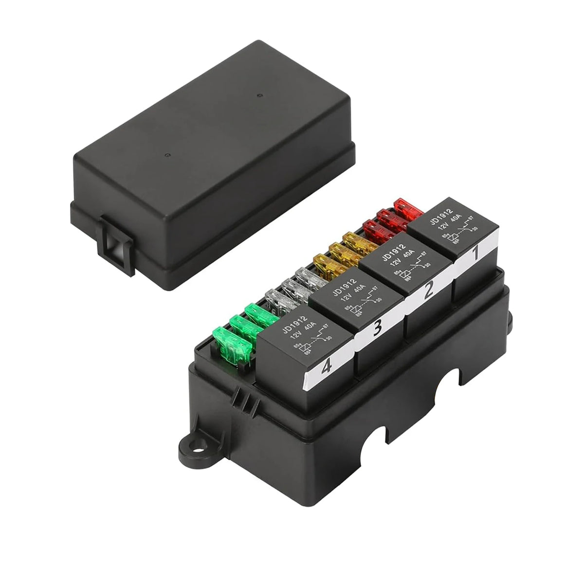 Black waterproof relay and fuse box with an ATC/ATO blade holder and numbered relays