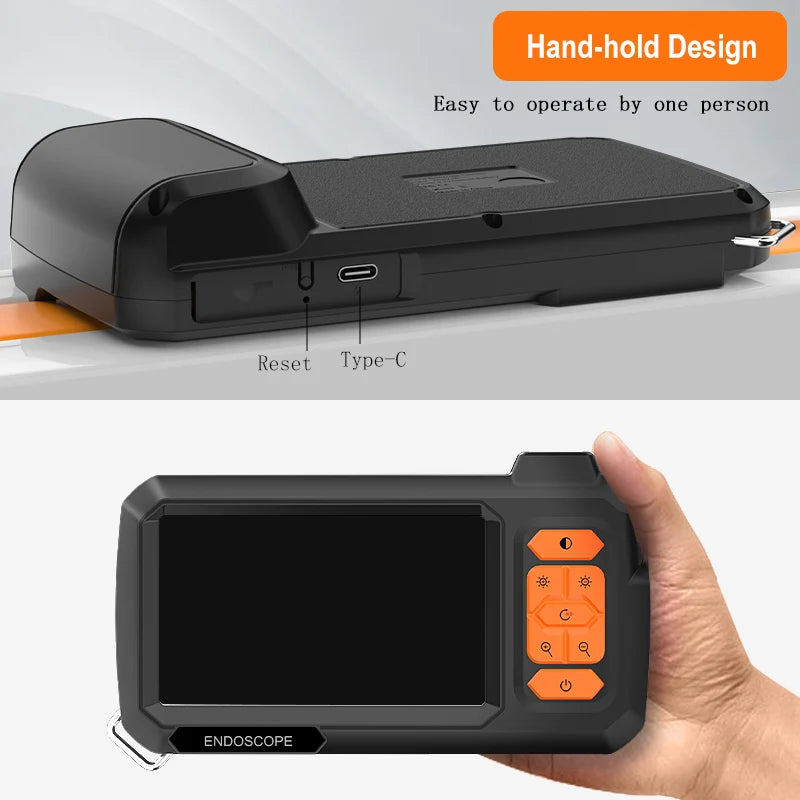 A black handheld industrial endoscope probe with an LCD screen and control buttons is shown being held by a hand.