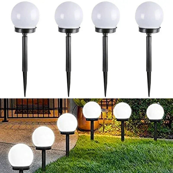 A set of black solar-powered LED garden bulbs with white spherical lights shown in various angles and a garden setting.