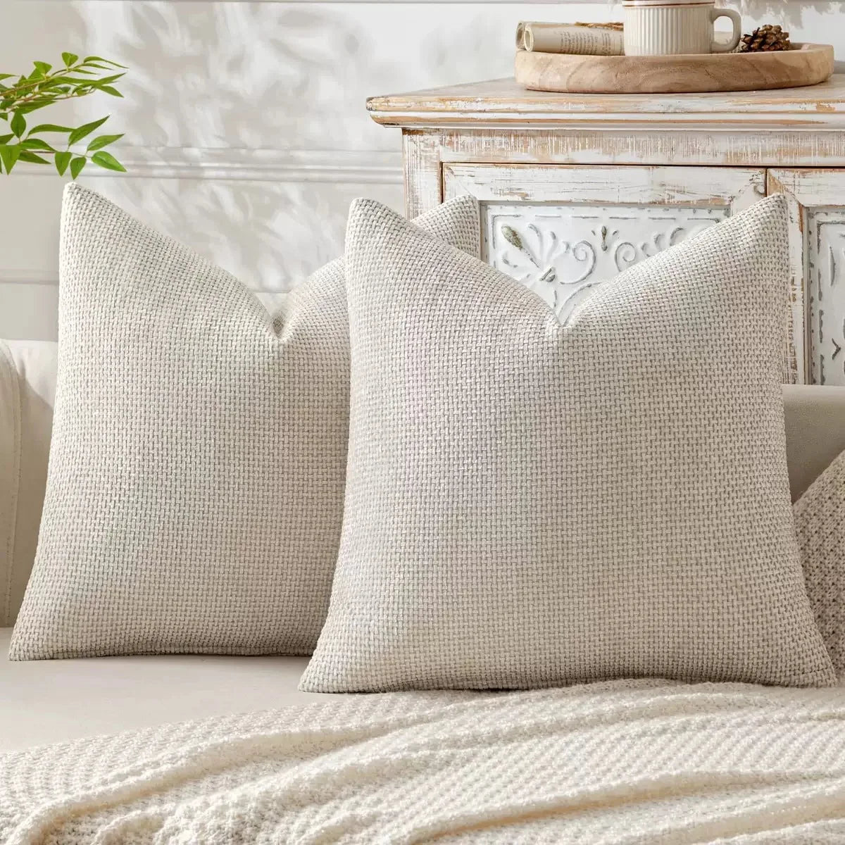Chenille Knitted Throw Pillow Covers (Set of 2) – Soft Solid Color Cushion Cases for Sofa, Chair, and Car